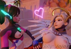 2girls 3d 3d_(artwork) 3dcg blender blender3d blender_(software) blender_eevee blizzard_entertainment brown_hair d.va depth_of_field dominant_female enjoying female femdom femsub fingerless_gloves gloves heart jojox mercy nail_polish nailpolish nails_painted necropolis_(map) overwatch overwatch_2 pale-skinned_female pale_skin palm_tree pink_nail pink_nail_polish pink_nails submissive_female twitter yuri