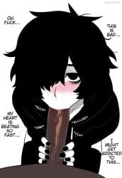 2boys :>= ahoge ai_generated ass big_penis black_hair black_hoodie black_nails black_thighhighs blush caption collarbone dark-skinned_male doomer_boy english_text eyeshadow fellatio femboy from_above gay hair_covering_eye hair_over_one_eye interracial kneeling large_penis looking_up mahiroka messy_hair monochrome nervous on_floor one_eye_obstructed onomatopoeia oral out_of_frame pale-skinned_male pale_skin penis_awe pleading self_upload shiny_skin skindentation spot_color thick_thighs thighhighs two-handed_handjob veiny_penis white_background yaoi