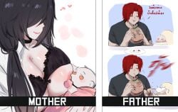 baby black_hair bra_lift breastfeeding burger clothed comparison heart_(kurenaiz) humor k_(kurenaiz) kurenaiz1 meme mole mole_on_breast mother_and_child mother_and_father original red_eyes red_hair shirt shirt_lift shirt_up translated