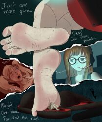 2girls ann_takamaki big_feet distracted feet female foot_crush foot_fetish foot_focus foot_worship gamer_chair gamer_girl gaming gaming_chair gaming_controller giantess glasses ignoring kissing_feet kissing_foot legs_crossed naked naked_female nerd nerdy_female orange_hair persona persona_5 practicalf sakura_futaba smelly_feet stinky_feet sweaty_feet under_foot