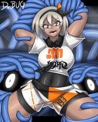 1girls ass_visible_through_thighs bea_(pokemon) big_ass big_thighs black_clothing blue_tentacles dark-skinned_female dr.bug grey_eyes grey_hair group gym_leader gym_uniform human interspecies medium_breasts navel navel_visible_through_clothes pokemon pokemon_(species) pokemon_ss pokephilia restrained restrained_arms restrained_legs tangela tentacle thin_waist tight_clothing