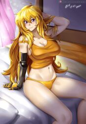 1girls animated blonde_female blonde_hair bra breasts hocen long_hair long_hair_female panties purple_hair robotic_arm rwby yang_xiao_long