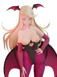 1girls 3d blonde_hair breasts_out capcom cosplay darkstalkers exposed_breasts eyebrows guinreds hand_on_hip legwear lidded_eyes long_hair monolith_soft morrigan_aensland_(cosplay) mythra nintendo shoulders smirk solo succubus_wings teasing wings wings_on_head xenoblade_(series) xenoblade_chronicles_2 yellow_eyes