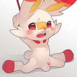 anthro balls blush fur genitals lagomorph male mammal mumu_(mumuxup) nintendo open_mouth penis pokémon_(species) pokemon scorbunny simple_background small_penis solo tongue video_games white_body white_fur