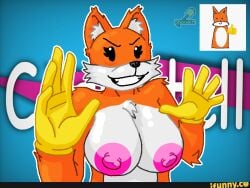 angry_eyes big_breasts black_eyes breasts coquetell fox fox_ears fox_girl fur furry furry_only gloves ifunny ifunny_watermark meme mrbeast nipples orange_body orange_fur shovelart smile thumbs_up yellow_gloves