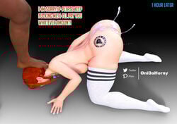 1boy 1girls 3d ass cum cum_inside cum_on_ass dark-skinned_male dark_skin english_text female foot_on_head interracial male onidahorny red_hair tattoo text thighhighs wendy's wendy_thomas