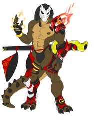 alligator alligatorid anthro armor armwear asian_clothing brown_body bulge clothing crocodilian dagantfus_(artist) east_asian_clothing elbow_gloves fire genital_outline gloves hair handwear hat headgear headwear hi_res japanese_clothing katana male mask melee_weapon muscular muscular_anthro muscular_male nipples penis_outline red_clothing reptile scalie solo sword weapon