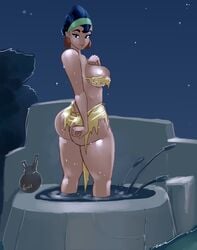 1girls 2021 ass bath big_ass big_breasts big_butt black_hair chicha_(disney) clothed dark-skinned_female disney earrings female female_only gausscannon hairband hand_on_breast latina loincloth looking_at_viewer looking_back milf mother night night_sky peruvian_female public public_bath side_view sideboob smile smiling_at_viewer solo the_emperor's_new_groove thick_thighs wet wide_hips