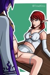 1boy 1girls 4k absurd_res anju artist_name blue_eyes cleavage_cutout clitoral_hood clitoris clothed hi_res kafei lingerie looking_at_another majora's_mask open_mouth penis pointy_ears purple_hair pussy red_hair table_sex the_legend_of_zelda tiredkino twitter_username veiny_penis watermark