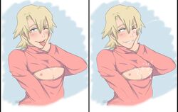 2021 blonde_hair blue_eyes blush cum cum_on_face cum_on_upper_body dridemon great_pretender laurent_thierry male_only open_clothes smile sweater tongue_out