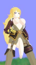 3d big_balls big_breasts big_penis blonde_hair blue_eyes breasts burstingseas clothing crotchless female_only futanari human long_hair outerwear partially_clothed penis penis_out prosthetic prosthetic_arm rwby scrotum standing yang_xiao_long