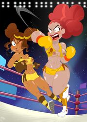 2girls boxing boxing_gloves boxing_match boxing_ring breasts brown_boxing_gloves brown_gloves bruises cleavage dark-skinned_female dc dc_comics dc_super_hero_girls doris_zeul doris_zeul_(shg) erect_nipples exposed_nipples female female_only fight fit_female gloves great_dude karen_beecher karen_beecher_(shg) multiple_girls nipples punch punching ryona shorts sweat thick_thighs torn_clothes torn_clothing yellow_boxing_gloves yellow_gloves