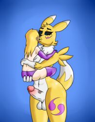 anthro digimon femboy furry futa_on_male futanari infiniteshades kissing male panties renamon thigh_highs