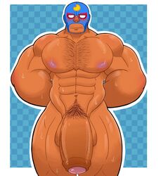 balls bara belly_button big_balls big_muscles big_nipples big_penis blush brawl_stars chest_hair el_primo_(brawl_stars) flaccid foreskin local_candybot male male_only mask muscles muscular muscular_male naked nipples pecs penis pubic_hair sweat