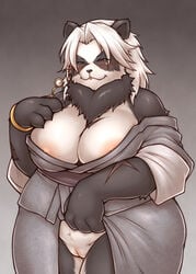 340m/sec anthro bear big_breasts black_body black_fur blush bracelet breasts claws cleavage clothed clothing curvy_figure eyewear female fur furry furry_only genitals giant_panda glasses gradient_background gunfire_reborn hair half-closed_eyes hi_res holding_eyewear holding_glasses holding_object huge_breasts jewelry mammal mtf_crossgender narrowed_eyes neck_tuft nipples partially_clothed pink_nipples pink_pussy presenting presenting_pussy pussy robe robe_lift rule_63 scar simple_background slightly_chubby smile solo tuft uncle_bao_(gunfire_reborn) ursa ursid ursine voluptuous white_body white_fur white_hair wide_hips