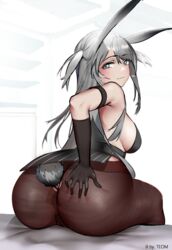 animal_ears anus arknights ass bunny_ears bunny_girl bunny_tail grey_eyes grey_hair hand_on_ass looking_back no_bra nopan pantyhose pussy savage_(arknights) see_through smile tail theendofmarker