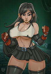 1girls alternate_version_available belt black_hair brown_eyes busty cleavage clothed clothing female female_only final_fantasy final_fantasy_vii final_fantasy_vii_remake high_resolution highres large_breasts light-skinned_female light_skin lipstick long_hair looking_at_viewer monolithic-sloth navel nipples_visible_through_clothing oppai outfit pale_skin pose posing revealing_clothes skirt smile solo thighhighs tifa_lockhart underboob voluptuous