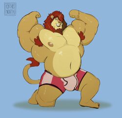 1male 2021 absurd_res anthro armpit_hair belly biceps big_muscles bite biting_own_tongue blue_background body_hair bulge clothing facial_hair felid flexing hair hi_res huge_muscles kneeling kneeling_on_one_leg leonine lion looking_at_viewer male male_only mammal mane musclegut muscular muscular_anthro muscular_male navel nipples overweight_male pantherine self_bite simple_background smile solo solo_male tcw_(artist) tongue tongue_bite underwear