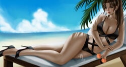 beach beachside big_breasts cleavage detailed_background eyewear_removed full_body high_heels landscape lara_croft lara_croft_(l.a.u.) looking_at_viewer ponytail pose posing sunglasses_removed swimsuit tagme tomb_raider weisart