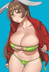 absurdres animal_ears anko_(nia) aqua_background bangs bikini breasts brown_hair bunny_ears cleavage cowboy_shot eyepatch_bikini female green_bikini highres jacket large_breasts long_hair long_sleeves looking_at_viewer nia4294 nia_(nia4294) open_clothes open_jacket original red_jacket shadow simple_background solo swimsuit very_long_hair yellow_eyes