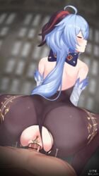 1boy ahoge anal anal_beads ass bar_censor bare_shoulders black_legwear blue_hair blush censored closed_eyes clothed clothed_female clothed_female_nude_male clothed_sex cowgirl_position cum cum_in_pussy detached_sleeves erection female from_behind ganyu_(genshin_impact) genshin_impact horns leotard long_hair long_sleeves looking_back male motion_lines nude nude_male oz_(user_zakk5472) pantyhose penis purple_eyes pussy sex_toy squatting straddling straight sweat torn_clothes torn_legwear vaginal_penetration veins veiny_penis