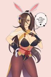 1girls alternate_costume bare_arms big_breasts brown_eyes brown_hair bunny_ears bunny_girl bunnysuit cleavage cryptid_crab easter english_text female_only fire_emblem fire_emblem_fates fire_emblem_heroes gloves hair_over_one_eye kagero_(fire_emblem) kagero_(spring)_(fire_emblem) large_breasts long_hair looking_at_viewer nintendo pantyhose smile solo solo_female text