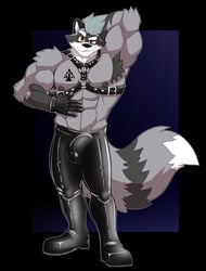 2021 abs anthro armpit_hair balls_outline big_muscles black_border body_hair boots border bottomwear brandon_(rxccoon) bulge clothed clothing erection erection_under_clothing footwear front_view genital_outline gloves hair handwear harness hi_res indigo_background intimatewolf leather looking_at_viewer male male_only mammal muscular muscular_anthro muscular_male nipples pants pecs penis_outline procyonid raccoon solo solo_male standing tattoo