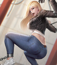 1girls ankle_chain ankle_cuffs ass ass_focus big_ass blonde_female blonde_hair blue_eyes bomber_jacket bondage bound breasts brown_jacket butt captured chained_ankles chained_wrists chains character_request clothing copyright_request crop_top cuffs dat_ass elbow_cuffs g-string glove jacket jeans kidmo large_ass large_breasts long_hair looking_at_viewer looking_back looking_down_at_viewer no_socks open_mouth panties rear_view squatting straight_hair tight_clothing whale_tail white_crop_top white_g-string white_sneakers worried wrist_cuffs