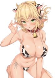 1girls aegis_(takunomi) belly bikini bikini_pull blonde_hair blush breasts collar collarbone cow_bikini cow_ears cow_horns cow_print cow_print_bikini cowbell enjo_kouhai eyebrows_visible_through_hair female female_focus female_only green_eyes seiza shiny_skin simple_background sitting solo solo_female stomach takunomi undressing white_background