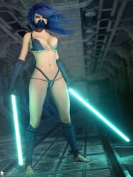 1girls barefoot big_breasts cleavage cyberpunk detailed_background full_body lamuserie lightsaber looking_at_viewer low-angle_view realistic skimpy skimpy_clothes