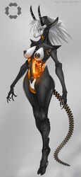 anthro areola big_areola biped black_body black_nipples breasts canid canine cybernetics cyborg dragon female fox genitals gilgash hair hi_res horn machine mammal multicolored_body nipples orange_eyes pussy robot simple_background solo standing synth translucent translucent_body two_tone_body white_hair