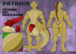 anthro balls big_balls bone_frill dragon feet fingers frill_(anatomy) genitals gold_dragon gold_scales green_eyes huge_balls hyper hyper_balls hyper_genitalia male model_sheet muscular muscular_anthro muscular_male patrick_(lunchmeat) penis purplepardus red_penis solo toes