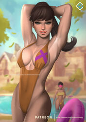 2girls armpits evandromenezes female female_only fit_female jubilation_lee jubilee kitty_pryde large_breasts light_brown_eyes long_hair looking_at_viewer marvel marvel_comics multiple_girls one-piece_swimsuit ponytail pool posing shadowcat wet x-men