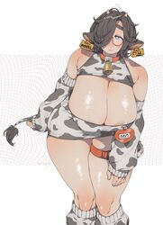 :< abstract_background ahoge animal_ears animal_print areola_slip areolae barcode bare_shoulders bell black_hair blue_eyes blush breasts cleavage cleavage_cutout closed_mouth clothing_cutout collar cow_ears cow_girl cow_print cow_tail cowboy_shot dated detached_sleeves ear_tag female furrowed_eyebrows glasses hair_over_one_eye hand_on_own_thigh heart highres holding_tail horns huge_breasts kneehighs leaning_forward long_sleeves looking_at_viewer muroku_(aimichiyo0526) name_tag neck_bell no_bra no_nose plump safety_pin semi-rimless_eyewear shadow shiny shiny_skin signature skindentation solo standing tail tareme thick_eyebrows thick_thighs thigh_strap thighs under-rim_eyewear underbust white_background