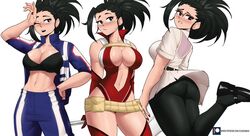 1girls ass big_ass big_breasts black_hair black_legwear blush bra breasts cleavage echosaber female female_only glasses hero_outfit_(mha) large_breasts looking_back mary_janes momo_yaoyorozu multiple_outfits multiple_views my_hero_academia open_clothes open_shirt revealing_clothes shounen_jump skimpy solo sweat sweatdrop tied_hair