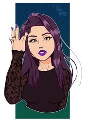 female human jasmine_ankins purple_hair purple_lipstick purple_nails yellow_eyes