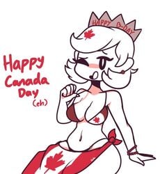 1girls 2019 beads belly_button bikini breasts canada canada_(countryhumans) canada_(egobuzz) canada_day canadian_flag countryhumans countryhumans_girl crown female flag flag_bikini giidenuts maple_leaf mob_face one_eye_closed personification red_earrings short_hair sitting solo solo_female white_background white_body wide_hips winking
