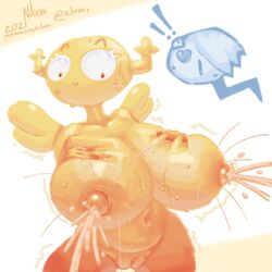 2021 anthro big_breasts breasts carrie_krueger cartoon_network chubby embarrassed fairy fairy_wings female female_only fountain hairless heart-shaped_pupils horns horny lactation large_breasts milk nikozoi penny_fitzgerald shiny shiny_skin small_pupils sweat sweaty sweaty_breasts the_amazing_world_of_gumball unusual_lactation wings yellow_body