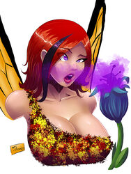 aphrodisiac breasts butterfly_wings cleavage cross_eyed crossed_eyes dazed drug drugged drugs fairy fairy_wings female_only femsub flower hypnosis hypnotic_gas large_breasts mind_control multicolored_hair open_mouth original pheromones pixie plant purple_eyes purple_hair red_hair sex_pollen simple_background wings