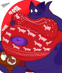 4_fingers anthro blue_body blue_scales blueberry_inflation bovid bovine bulge cattle christmas christmas_clothing clothing cookie fingers food groping_breasts gynomorph hi_res holidays hybrid intersex keyhole_clothing kobold kowbold lamedwolf lockwoodlame mammal milk obese obese_anthro overweight overweight_anthro overweight_gynomorph overweight_intersex scales solo spots ugly_christmas_sweater worried_look zed_(scales)