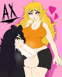 1futa 1girls arguraz big_balls black_hair blake_belladonna blonde_hair blowjob cat_ears excessive_saliva faunus fellatio female futa_on_female futanari huge_cock human oral purple_eyes rwby saliva standing thick_thighs wide_hips yang_xiao_long yellow_eyes