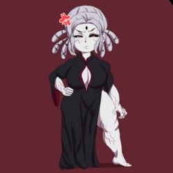 annoyed barefoot big_breasts black_dress clothing female hary96 pale_skin red_eyes rwby salem_(rwby) shortstack shortstacked shortstackified white_hair wide_hips