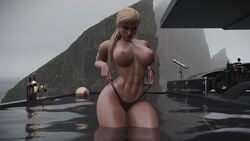 1girls 3d 4k abs areolae big_breasts blonde_hair breasts cassie_cage earrings female female_only high_resolution highres hoop_earrings kisxsfm large_breasts long_hair mortal_kombat mortal_kombat_11 muscles muscular muscular_female navel_piercing nipples no_eyewear pool small_panties solo thong wallpaper wet