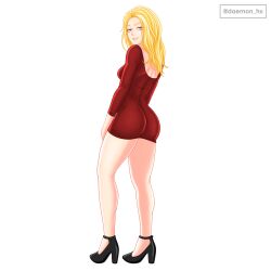 ass blonde_female blonde_hair blue_eyes butt daemonhx dat_ass dress fanart high_heels long_hair looking_at_viewer looking_back model model_pose red_dress seductive_smile smile white_background