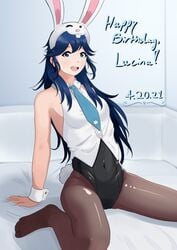 1girls alternate_costume azure_monarch blue_eyes blue_hair bunny_ears bunnysuit dated female_only fire_emblem fire_emblem_awakening happy_birthday kneeling leotard long_hair looking_at_viewer lucina_(fire_emblem) nintendo on_bed open_mouth open_smile pantyhose smile solo solo_female symbol-shaped_pupils text tie