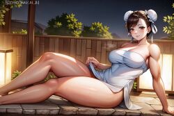 1girls ai_generated bare_arms bare_legs bare_shoulders bare_thighs big_breasts blush brown_eyes brown_hair capcom chun-li clothed clothing color female female_focus female_only hi_res hot_spring large_breasts light-skinned_female light_skin looking_at_viewer ribbons senotakai_ai short_hair sitting solo solo_female street_fighter tagme thick_thighs towel