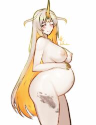 1girls ;) bare_thighs big_belly big_breasts blonde_hair blush breasts colored_inner_hair completely_nude curvy cute female female_only fire_emblem fire_emblem_heroes grey_hair gullveig_(fire_emblem) hand_on_belly horns large_breasts long_hair looking_at_viewer multicolored_hair nail_polish navel nintendo nipples nude nude_female orange_eyes popped_navel pregnant rotomdocs smile solo standing thighs very_long_hair white_background wide_hips yellow_hair yellow_nails