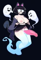 1futa 1girls ai_generated ai_hands bangs big_penis black_hair cat_ears cat_tail dark_brown_hair female futanari ghost ghost_girl ghost_hands ghost_tail glass kimono lifting_skirt novelai oc original_character smile smiling smirk solo solo_female solo_futa spirit square_glasses