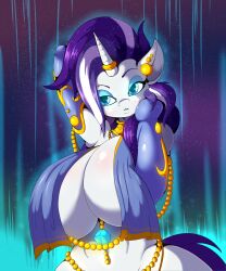 2021 anthro big_breasts breasts cleavage digital_media_(artwork) equid equine eyelashes eyeshadow female friendship_is_magic gold_(metal) hasbro hi_res horn huge makeup mammal my_little_pony rarity_(mlp) signature solo suirano unicorn