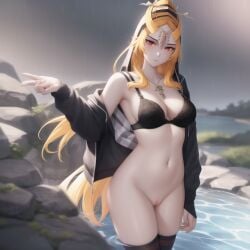 1girls ai_generated big_breasts black_sports_bra breasts clothing female female_only happy long_hair midna ruptuorie shorts solo the_legend_of_zelda twili_midna